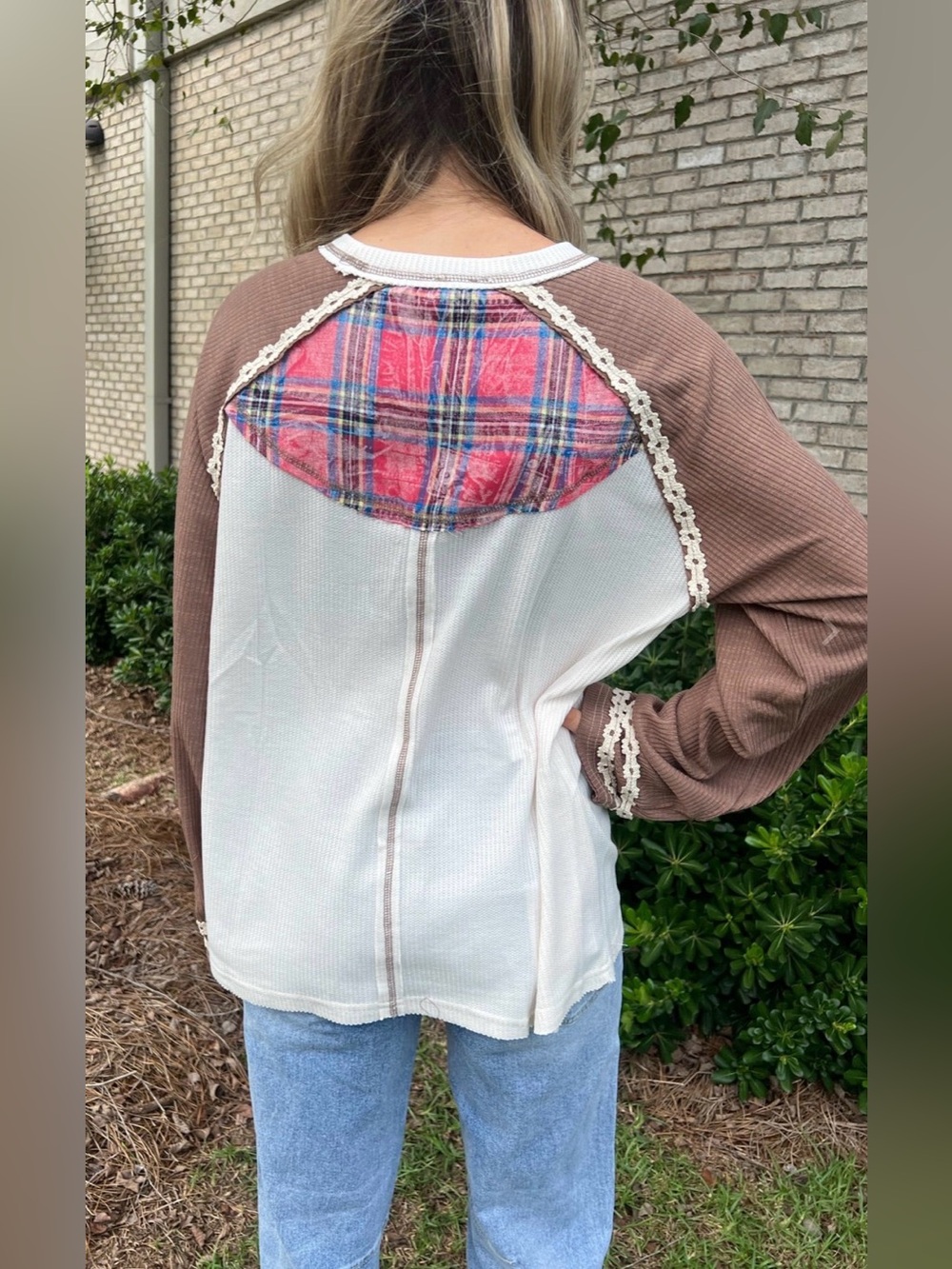 POL Raglan Varsity Knit Top with Plaid '06 Graphic— Size small - Picture 3 of 8
